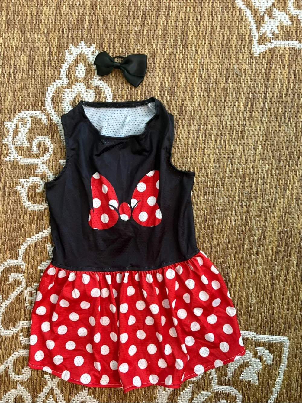 CuteBone Dog Dress Sz LG red white polka dot w/black bow mesh dress